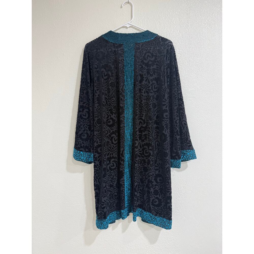 LOGO Lavish Lori Goldstein Burnout Velvet Kimono Duster Black Teal Boho Size 1X - Picture 2 of 6